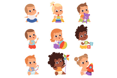 Baby playing. Cute little kids newborn 1 years baby characters eating