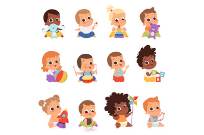 Baby characters. New born kids playing toys happy childhood small litt