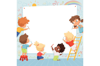 Kids frame. Cute characters childrens painting drawing and playing emp