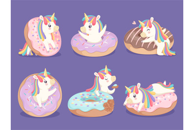 Unicorn dessert. Magic cute little rose pony with donuts cupcakes swee