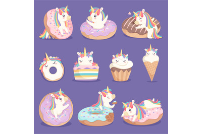 Unicorn donuts. Cute face and characters of magic rose little pony uni