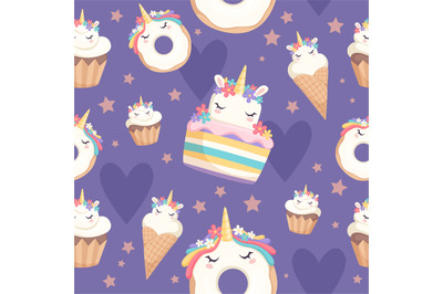 Unicorn pattern. Dessert decoration magic pony with cupcakes donut swe