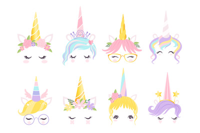 Unicorn face. Fantasy horse pony animal creation kit ears head horn ey