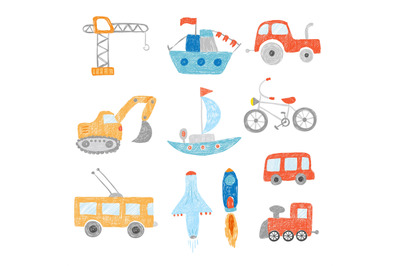 Children drawing. Kids painting transport cars tractors ship plane toy