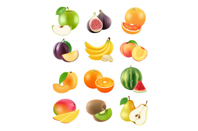 Sliced fruits. Vegetarian food agriculture objects plum orange banana