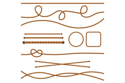 Fiber ropes. Straight brown realistic threads ropes crossing marine kn