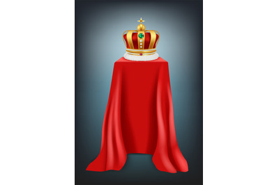 Exhibition crown. Podium covered with red silk textile luxury crown wi