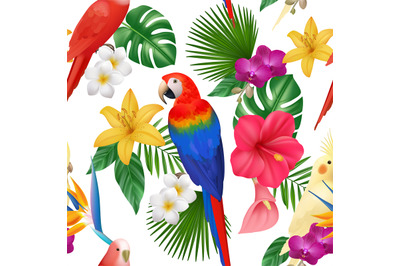 Tropical pattern. Exotic flowers and birds colored beautiful amazonian