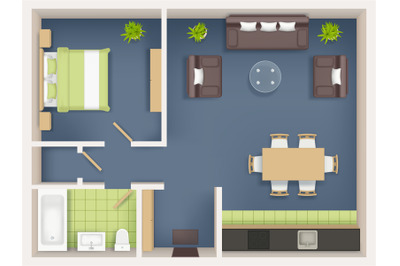 Interior plan top view. Realistic appartment livingroom bathroom badro