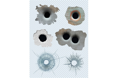 Bullet circle hole. Crashed guns bullet marks damaged surface vector r