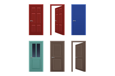 Realistic doors. Open and closed apartment entrance doors different co