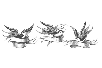 Flying Swallows with Ribbon Tattoo Element Set
