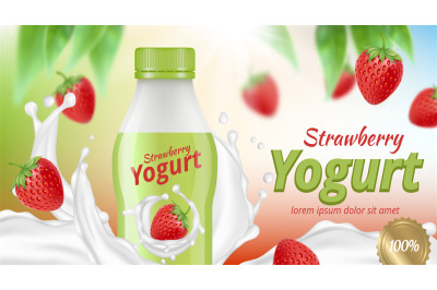 Yogurt advertising. Creamy delicious liquid food with fruits diet brea