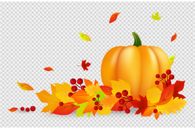 Autumn background. Thanksgiving vector banner with pumpkin gold red le