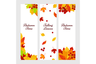 Autumn banners. Gold red leaves vector background. Fall flyers templat