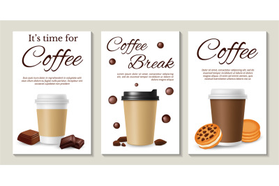 Coffee posters. Realistic vector coffee take away cookies and chocolat