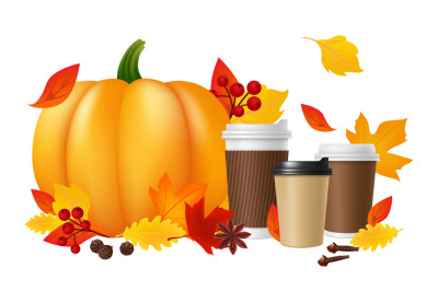 Pumpkin spice latte. Realistic coffee cups pumpkin autumn leaves. Hot