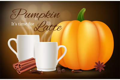 Pumpkin spice latte. Vector realistic coffee cups and spices. Pumpkin