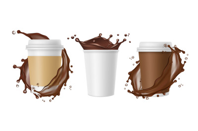 Takeaway coffee. Vector coffee splashes and white realistic paper mug