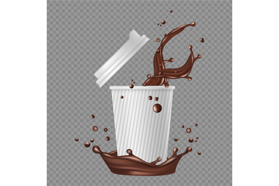 Takeaway coffee. White paper cup, coffee splashes. Vector realistic ho