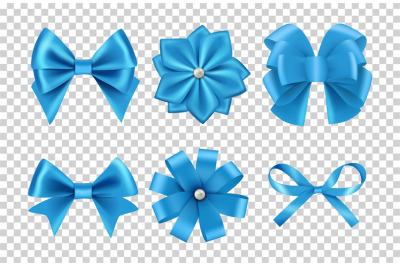 Blue satin bows. Silk ribbon bows vector with pearls isolated on trans