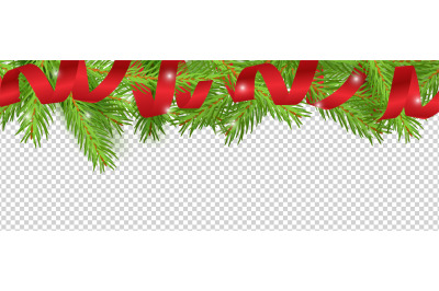 Christmas banner. Red ribbon&2C; Christmas tree branches vector backgroun