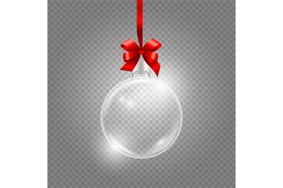 Christmas toy. Glass globe with red silk ribbon. Realistic vector glas