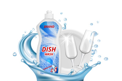 Dish liquid detergent. Water splashes, glasses, white plate vector ill