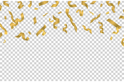 Falling gold ribbons. Golden confetti isolated on transparent backgrou