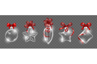 Glass Christmas toys with red ribbon bow. Realistic glass ball vector