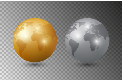 Gold silver earth. 3D Earth planet models vector illustration. Planet