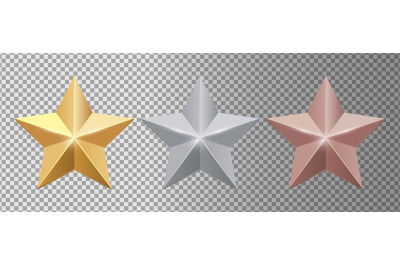 Metal stars. Realistic gold silver bronze stars vector set