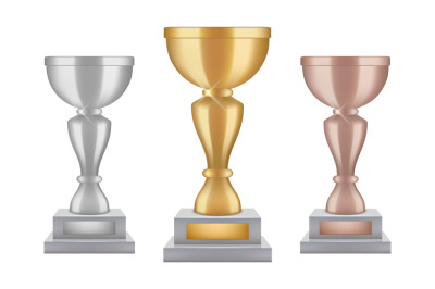 Realistic trophy. Gold silver bronze award cups collection. Vector shi