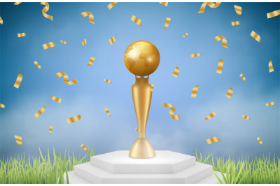 Realistic trophy. Sport gold award on grass with falling confetti vect