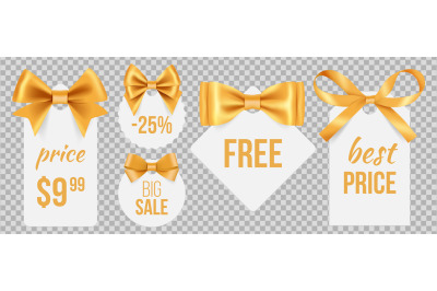 Sale tags. Gold silk bows and promo badges. Vector holidays sale label