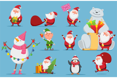 Santa Claus set. Christmas characters. Cute Santa, polar bear, penguin