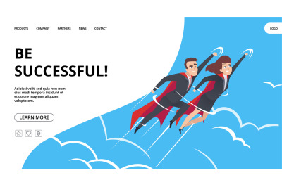 Successful business. Web page with male and female superheroes backgro