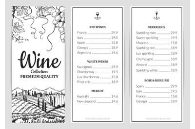 Wine menu. Wine card template. Vector grape sketch, drink menu templat