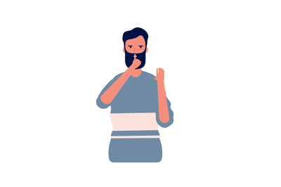 Shh male. Man with hand gesture near mouth symbol keep quiet vector co