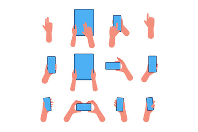 Phone hand. Hold smartphones and tablets pointing on touch screen vect