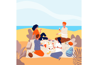 Picnic seaside. Family relax at summer beach outdoor people beverage d