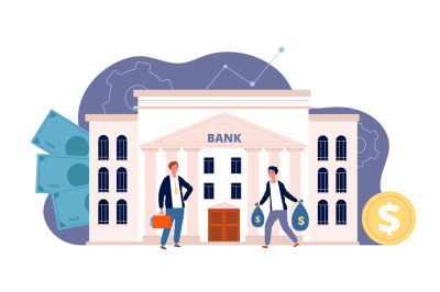 Bank with characters. Business finance building and people investing t