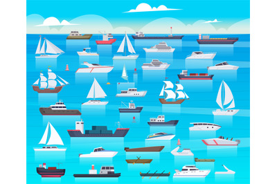 Ship in sea. Sailing boats and passenger cruise ship travel in ocean c