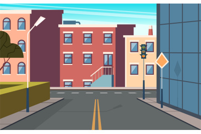 City street cartoon. Urban structure buildings crossroad vector panora