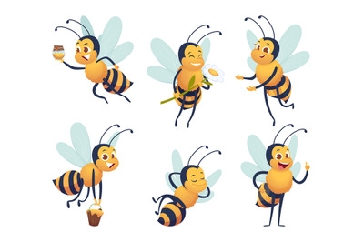 Cartoon bee. Happy flying insect mascot bee nature honey delivers vect