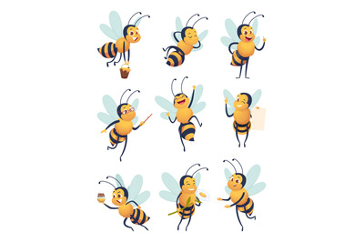 Honey bee. Cartoon characters flying nature insect in different poses