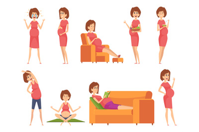 Pregnant characters. Healthy happy woman eating sleeping sporting acti