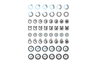 Clock icons. Timers symbols hours minutes stop clock alarm vector coll