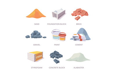 Builder materials. Construction tools pile bricks gypsum cement sand v