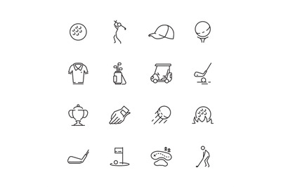 Golf icons. Sport symbols of golf club ball sticks car vector set isol